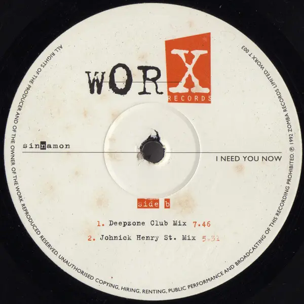 Sinnamon - I Need You Now, Electronic, Garage House, House, 1996 - Worx Records, UK, Vinyl 1x 12", 33 ⅓ RPM