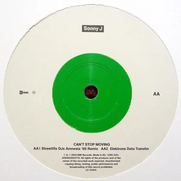 Sonny J - Can't Stop Moving, Electronic, Funk / Soul, Pop, Big Beat, Electro, Funk, House, 2008 - Stateside, UK, Vinyl 1x 12"