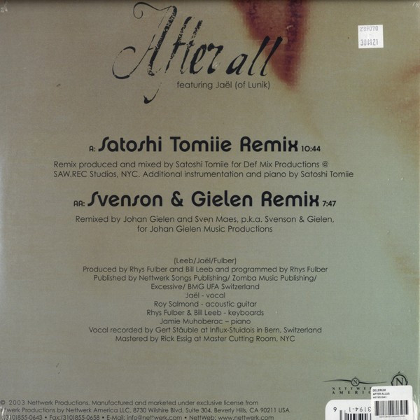Delerium Featuring Jaël - After All, Electronic, Progressive House, Trance, 2003 - Nettwerk America, US, Vinyl 1x 12", 33 ⅓ R
