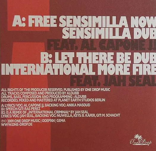 Aldubb - Free Sensimilla Now, Electronic, Reggae, Dubstep, 2009 - One-Drop Music, Germany, Vinyl 1x 10"