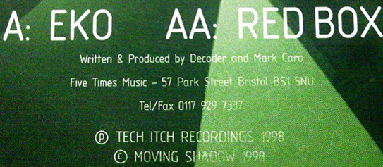 Decoder & Mark Caro - Eko / Red Box, Electronic, Drum n Bass, 1998 - Tech Itch Recordings, UK, Vinyl 1x 12", 45 RPM