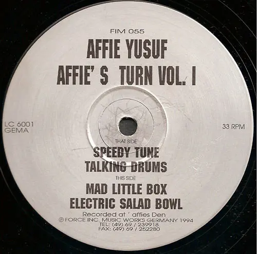 Affie Yusuf - Affie's Turn Vol. I, Electronic, Acid, Techno, 1994 - Force Inc. Music Works, Germany, Vinyl 1x 12", 33 ⅓ RPM