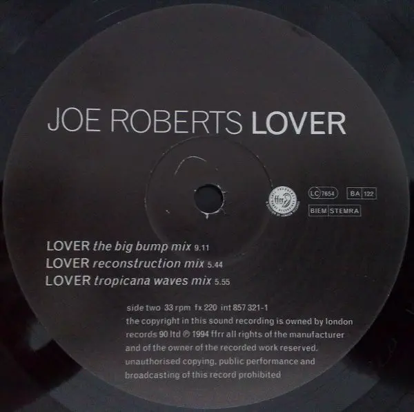 Joe Roberts - Lover, Electronic, House, 1994 - FFRR, UK, Vinyl 1x 12", 33 ⅓ RPM