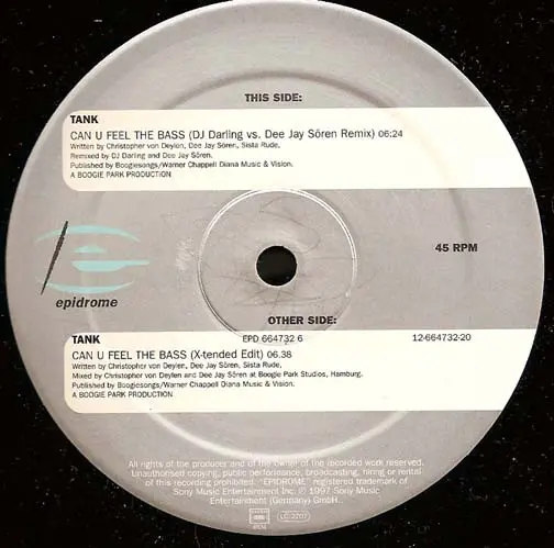 Tank - Can U Feel The Bass, Electronic, Hard House, Trance, 1997 - Epidrome, Germany, Vinyl 1x 12", 45 RPM