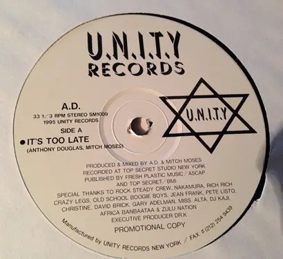 A.D. (5) - It's Too Late, Hip Hop, 1995 - U.N.I.T.Y Records, US, Vinyl 1x 12", Promo