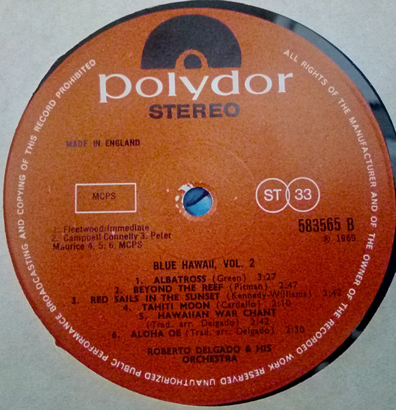 Roberto Delgado & His Orchestra - Blue Hawaii - Volume 2, Folk, World, & Country, Pop, Easy Listening, Hawaiian, 1969 - Polyd