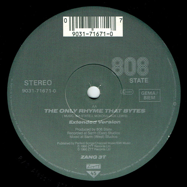 MC Tunes Versus 808 State - The Only Rhyme That Bites, Electronic, Hip Hop, Breakbeat, Pop Rap, 1990 - ZTT, Europe, Vinyl 1x 