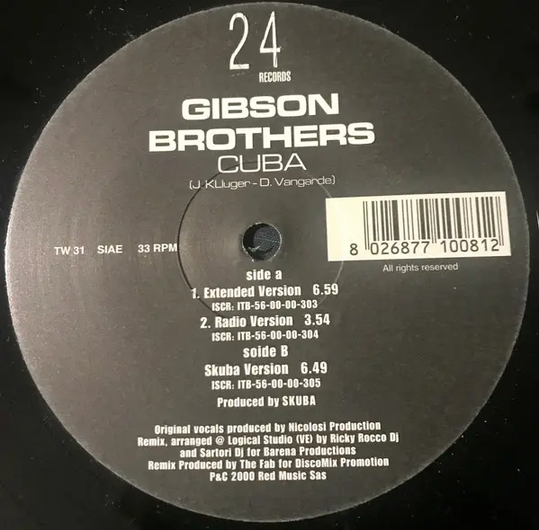 Gibson Brothers - Cuba, Electronic, Euro House, House, 2000 - 24 Records, Italy, Vinyl 1x 12", 33 ⅓ RPM