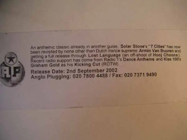 Solarstone - Seven Cities (Vocal Mix), Electronic, Trance, 2002 - Lost Language, UK, Vinyl 1x 12", 45 RPM, Single Sided, Whit