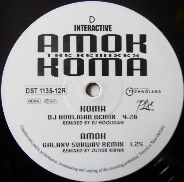 Interactive - Amok / Koma (The Remixes), Electronic, Hard Trance, Hardcore, Techno, Trance, 1993 - Dance Street, Technoland, 