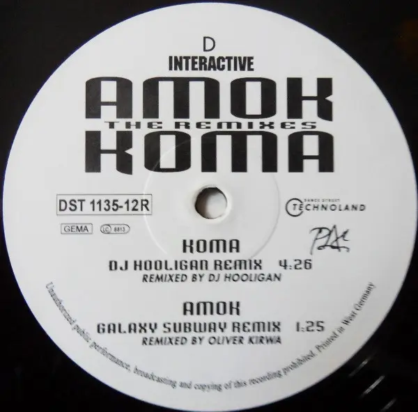 Interactive - Amok / Koma (The Remixes), Electronic, Hard Trance, Hardcore, Techno, Trance, 1993 - Dance Street, Technoland, 