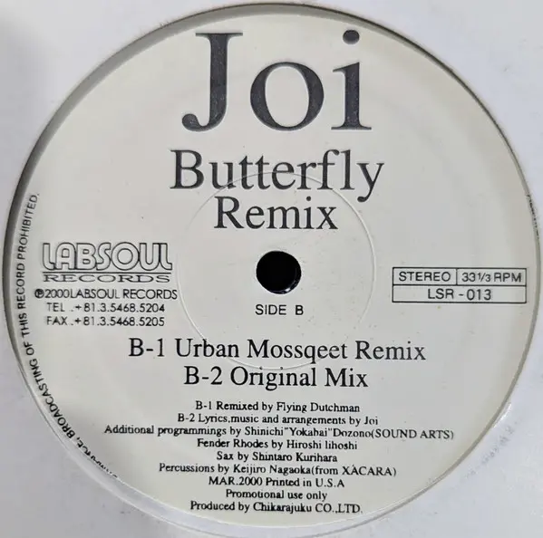 Joi (4) - Butterfly (Remixes), Electronic, Deep House, House, 2000 - Labsoul Records, Japan, Vinyl 1x 12", Promo