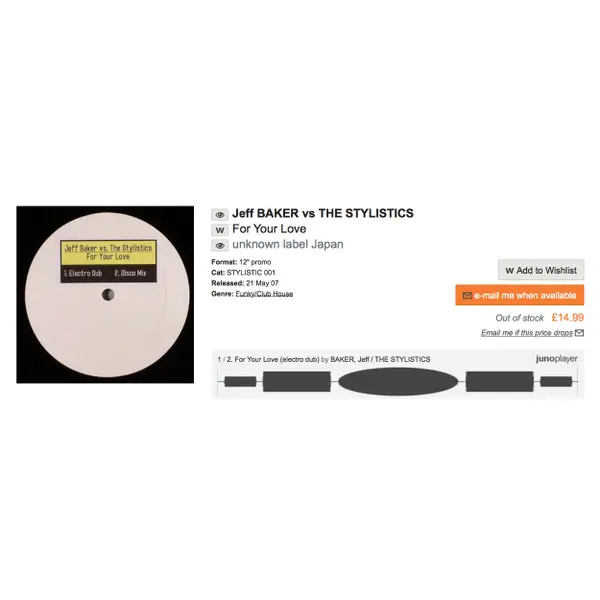 Jeff Baker (3) Vs. Stylistics, The - For Your Love, Electronic, Disco, Electro House, 2007 - Not On Label, Japan, Vinyl 1x 12