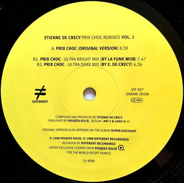 Etienne De Crécy - Prix Choc (Remixes Vol. 1), Electronic, Ambient, Deep House, 1998 - Different, UK & Europe, Vinyl 1x 12", 