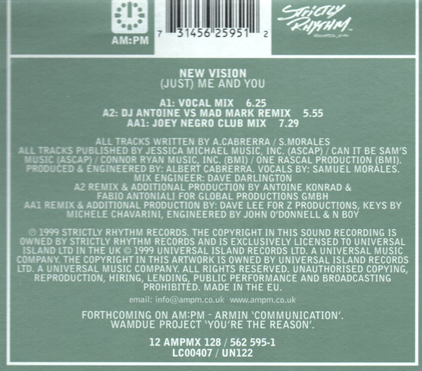 New Vision - (Just) Me And You, Electronic, Garage House, 1999 - AM:PM, UK, Vinyl 1x 12", 33 ⅓ RPM, 45 RPM