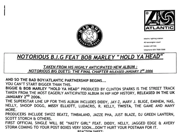 Notorious B.I.G. Feat. Bob Marley - Hold Your Head, Hip Hop, Thug Rap, Not On Label (Notorious B.I.G.), Vinyl 1x 12", Unoffic