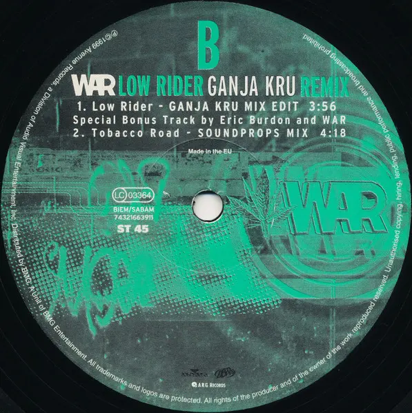 War - Low Rider (Ganja Kru Remix), Electronic, Drum n Bass, 1999 - ARG Records, BMG, N.E.W.S., UK, Vinyl 1x 12", 45 RPM