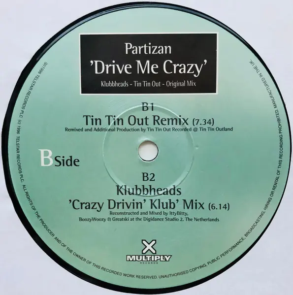 Partizan - Drive Me Crazy, Electronic, Euro House, House, 1997 - Multiply Records, UK, Vinyl 1x 12", 33 ⅓ RPM