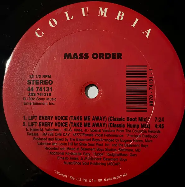 Mass Order - Lift Every Voice (Take Me Away), Electronic, Garage House, House, 1992 - Columbia, US, Vinyl 1x 12", 33 ⅓ RPM