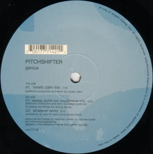 Pitchshifter - Genius, Electronic, Breakbeat, Drum n Bass, Electro, 1998 - City Of Angels, US, Vinyl 1x 12", 33 ⅓ RPM, Maxi-S