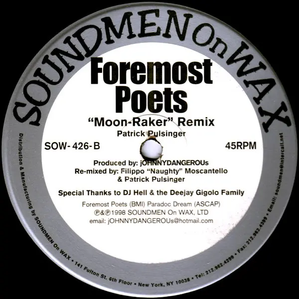 Foremost Poets - Moon-Raker Remix, Electronic, Electro, House, 1998 - Soundmen On Wax, US, Vinyl 1x 12", 45 RPM