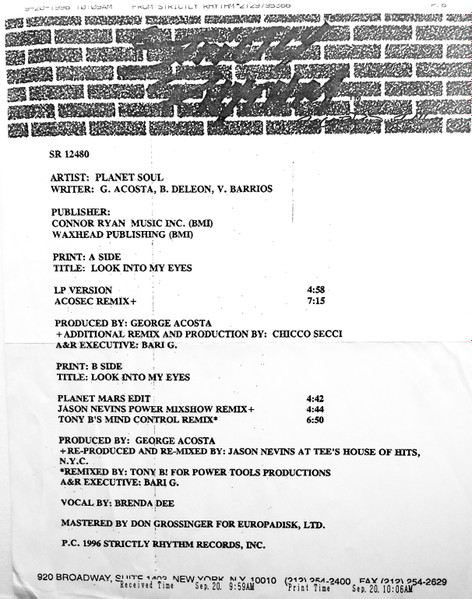 Planet Soul - Look Into My Eyes, Electronic, House, 1996 - Strictly Rhythm, US, Vinyl 1x 12", Promo, White Label
