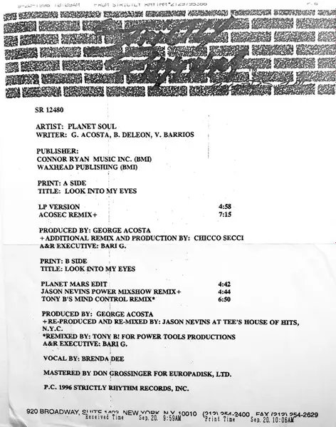 Planet Soul - Look Into My Eyes, Electronic, House, 1996 - Strictly Rhythm, US, Vinyl 1x 12", Promo, White Label