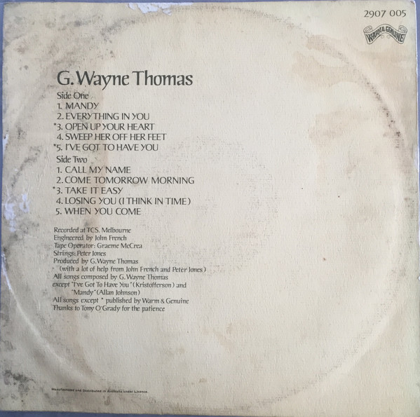 G. Wayne Thomas - G. Wayne Thomas, Folk, World, & Country, Pop, Rock, 1973 - Warm & Genuine, Australia, Vinyl 1x LP, Album Ga