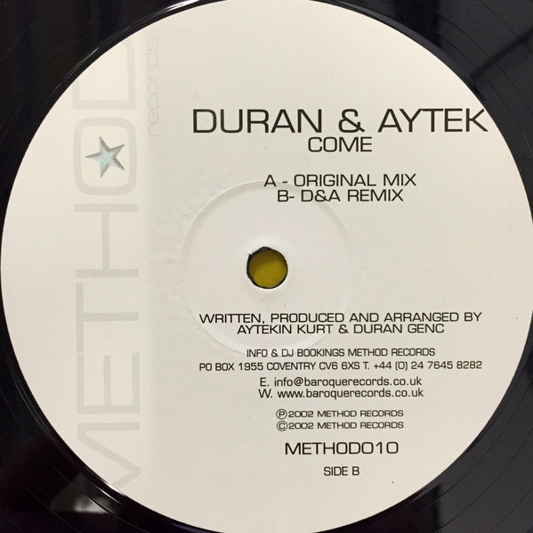 Duran & Aytek - Come, Electronic, Progressive House, 2002 - Method Records (2), UK, Vinyl 1x 12"