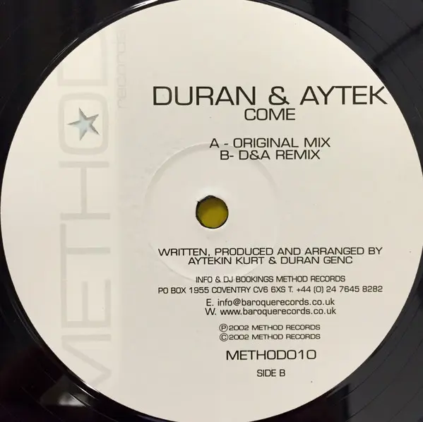Duran & Aytek - Come, Electronic, Progressive House, 2002 - Method Records (2), UK, Vinyl 1x 12"