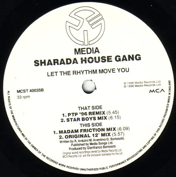 Sharada House Gang - Let The Rhythm Move You, Electronic, Euro House, 1996 - MCA Records, UK, Vinyl 1x 12", 33 ⅓ RPM