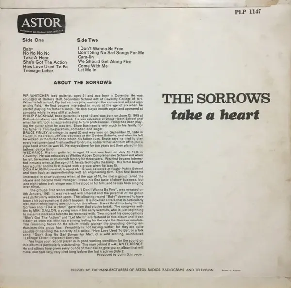Sorrows, The - Take a Heart, Pop, Rock, Beat, Pop Rock, Rhythm & Blues, 1965 - Astor, Australia, Vinyl 1x LP, Album, Mono