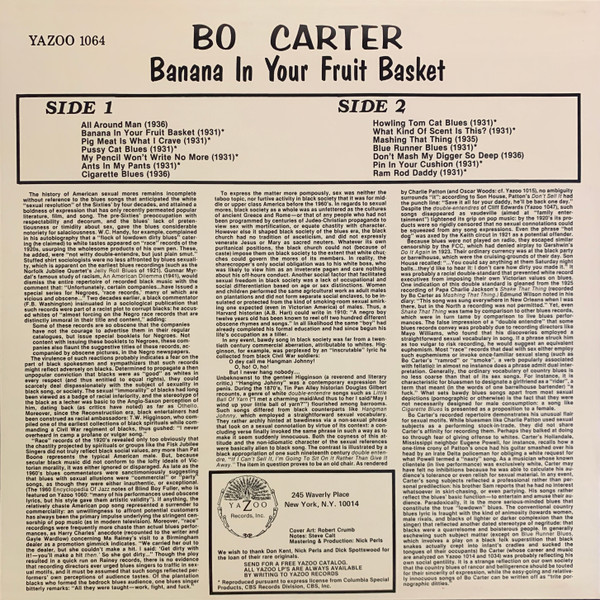Bo Carter - Banana In Your Fruit Basket (Red Hot Blues 1931-36) - 1979 -Delta Blues, Erotic -Yazoo -Vinyl 1x LP, Compilation,