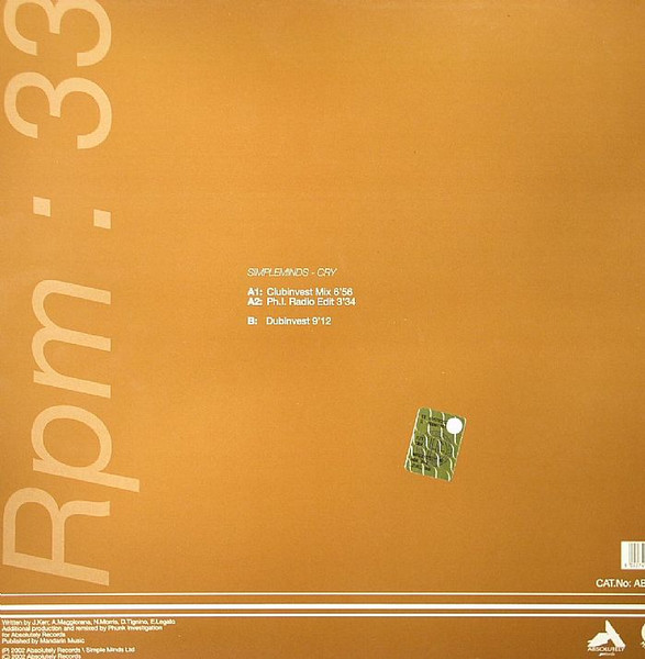 Simple Minds - Cry, Electronic, Progressive House, Trance, 2002 - Absolutely Records, Italy, Vinyl 1x 12"