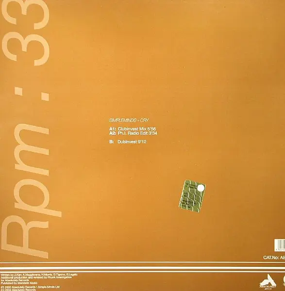 Simple Minds - Cry, Electronic, Progressive House, Trance, 2002 - Absolutely Records, Italy, Vinyl 1x 12"