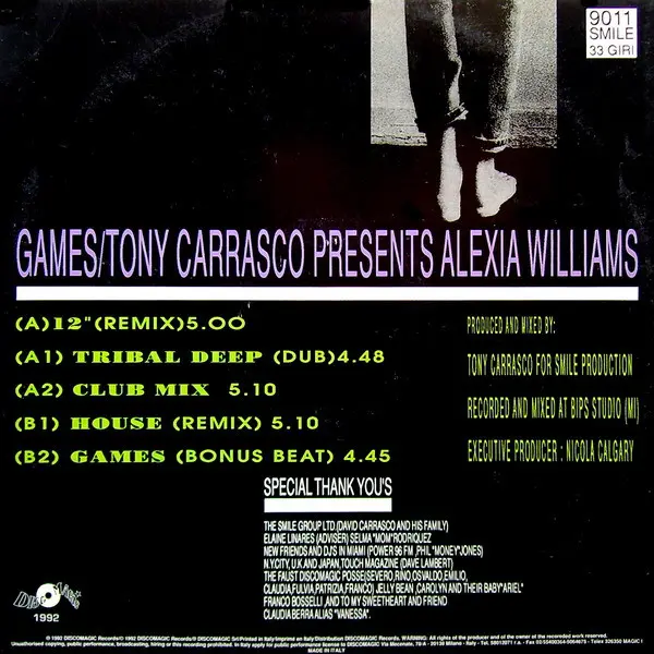 Tony Carrasco Presents Alexia Williams - Games, Electronic, Italo House, 1992 - Smile Production, Italy, Vinyl 1x 12", 33 ⅓ R