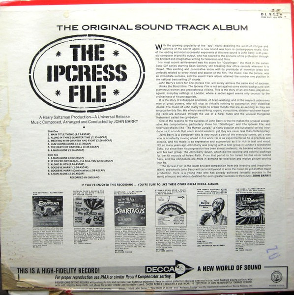 John Barry - The Ipcress File (The Original Soundtrack Album), Jazz, Stage & Screen, Soundtrack, Swing, 1965 - Decca, US, Vin