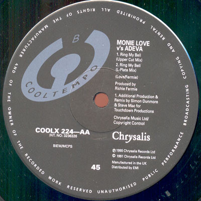 Monie Love Vs Adeva - Ring My Bell, Electronic, Hip-House, House, 1991 - Chrysalis, Cooltempo, UK & Europe, Vinyl 1x 12", 45 