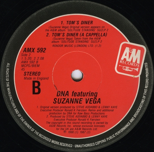 DNA Featuring Suzanne Vega - Tom's Diner (Remix), Electronic, Downtempo, 1990 - A&M Records, UK, Vinyl 1x 12", 45 RPM, Stereo