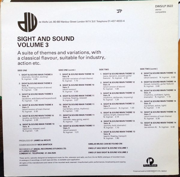 Nick Ingman - Sight And Sound Volume 3, Stage & Screen, Score, 1984 - Music De Wolfe, UK, Vinyl 1x LP, Stereo