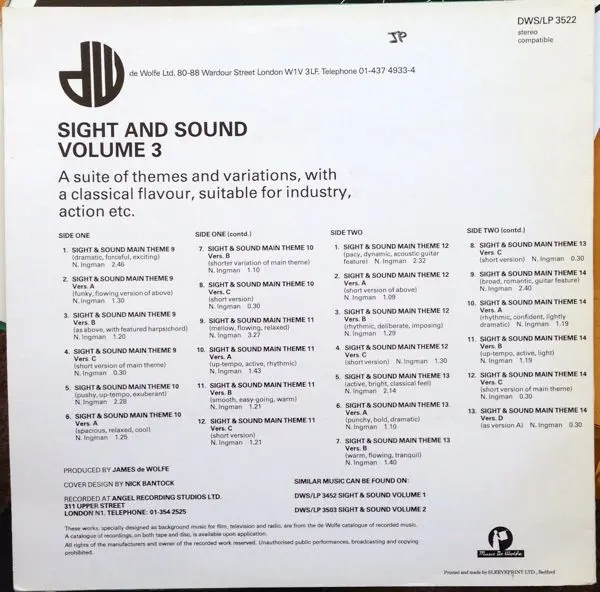 Nick Ingman - Sight And Sound Volume 3, Stage & Screen, Score, 1984 - Music De Wolfe, UK, Vinyl 1x LP, Stereo