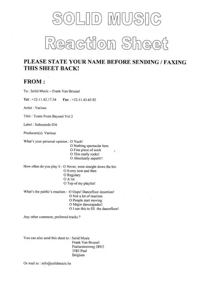 Various - Tunes From Beyond Vol. 2, Electronic, Techno, 2005 - Subsounds, Belgium, Vinyl 1x 12"