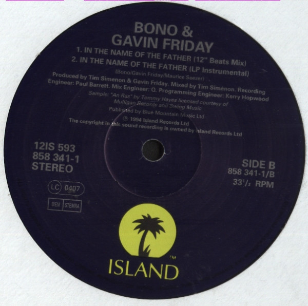 Bono & Gavin Friday - In The Name Of The Father, Electronic, Rock, Downtempo, 1994 - Island Records, Europe, Vinyl 1x 12", 33