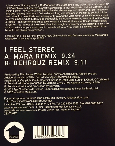 Dino Lenny - I Feel Stereo, Electronic, House, Progressive House, Tech House, 2002 - Incentive, UK, Vinyl 1x 12"