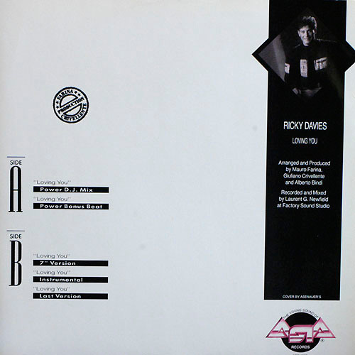 Ricky Davies - Loving You, Electronic, Eurobeat, Hi NRG, 1989 - Asia Records, Italy, Vinyl 1x 12", 45 RPM