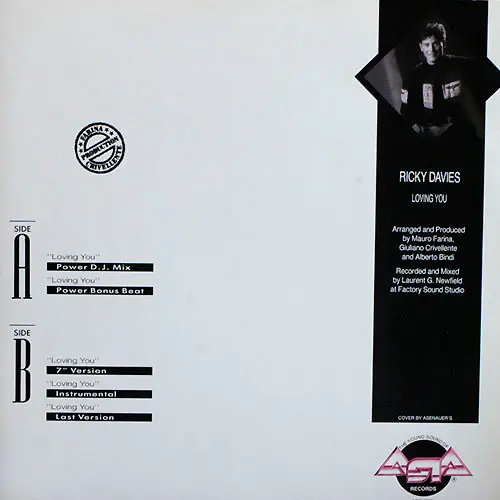 Ricky Davies - Loving You, Electronic, Eurobeat, Hi NRG, 1989 - Asia Records, Italy, Vinyl 1x 12", 45 RPM