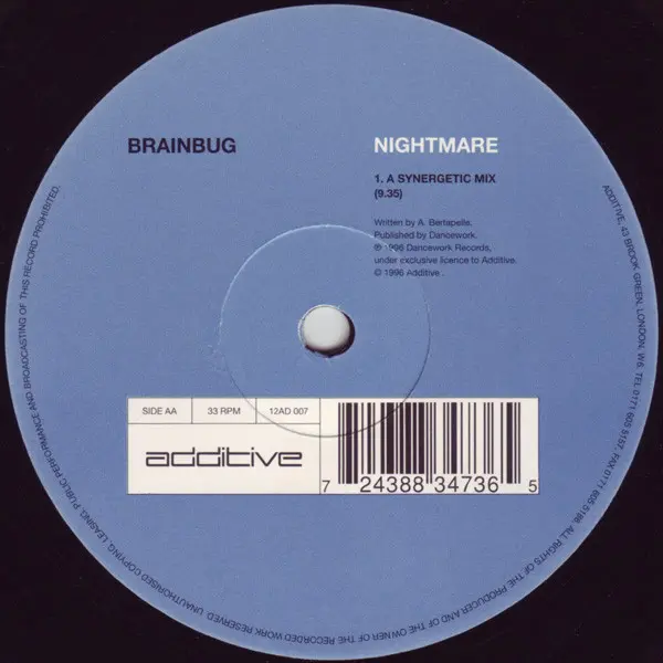Brainbug - Nightmare, Electronic, Progressive Trance, 1996 - Additive, UK, Vinyl 1x 12", 33 ⅓ RPM, Single