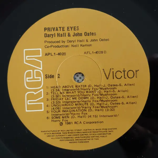 Daryl Hall & John Oates - Private Eyes, Electronic, Pop, Rock, Disco, Pop Rock, 1981 - RCA Victor, Australia & New Zealand, V