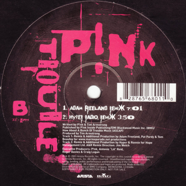 P!NK - Trouble, Electronic, Breaks, 2003 - Arista, UK & Europe, Vinyl 1x 12", Promo