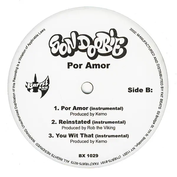 Son Doobie - Por Amor, Hip Hop, Instrumental, 2002 - Battle Axe Records, US, Vinyl 1x 12", 33 ⅓ RPM